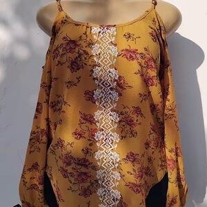 Xhilaration Mustard Floral Blouse with Lace Detail